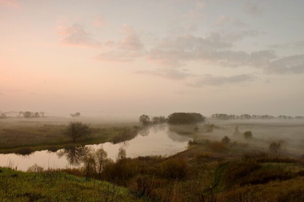 Nebel im Feld über dem Fluss