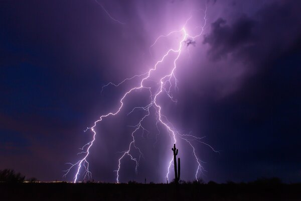 Helle Blitze am violetten Himmel