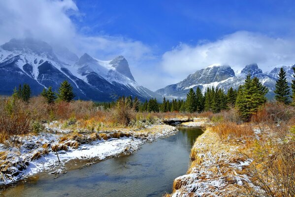 Rivière parmi les montagnes et la neige