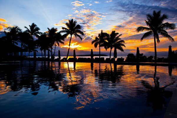 Puesta de sol en la playa con palmeras y sombrillas