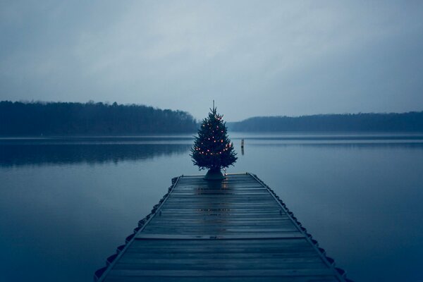 Arbre de Noël sur la jetée au milieu du lac