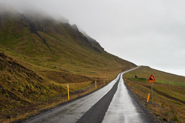 Landscape of a foggy road in the mountains