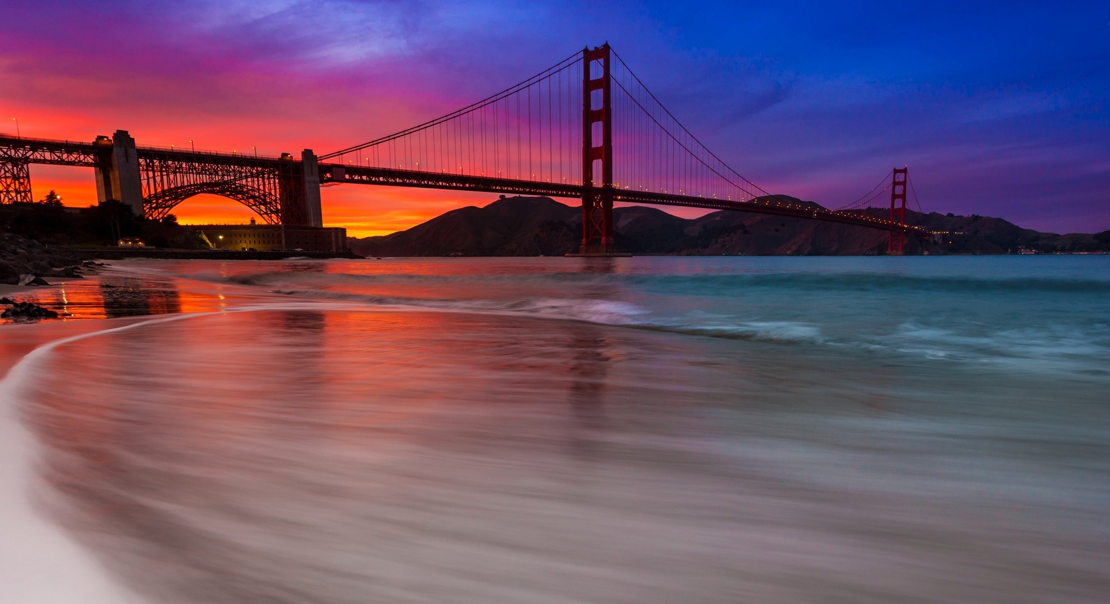 usa san francisco pont golden gate ciel nuages coucher de soleil lueur montagnes baie