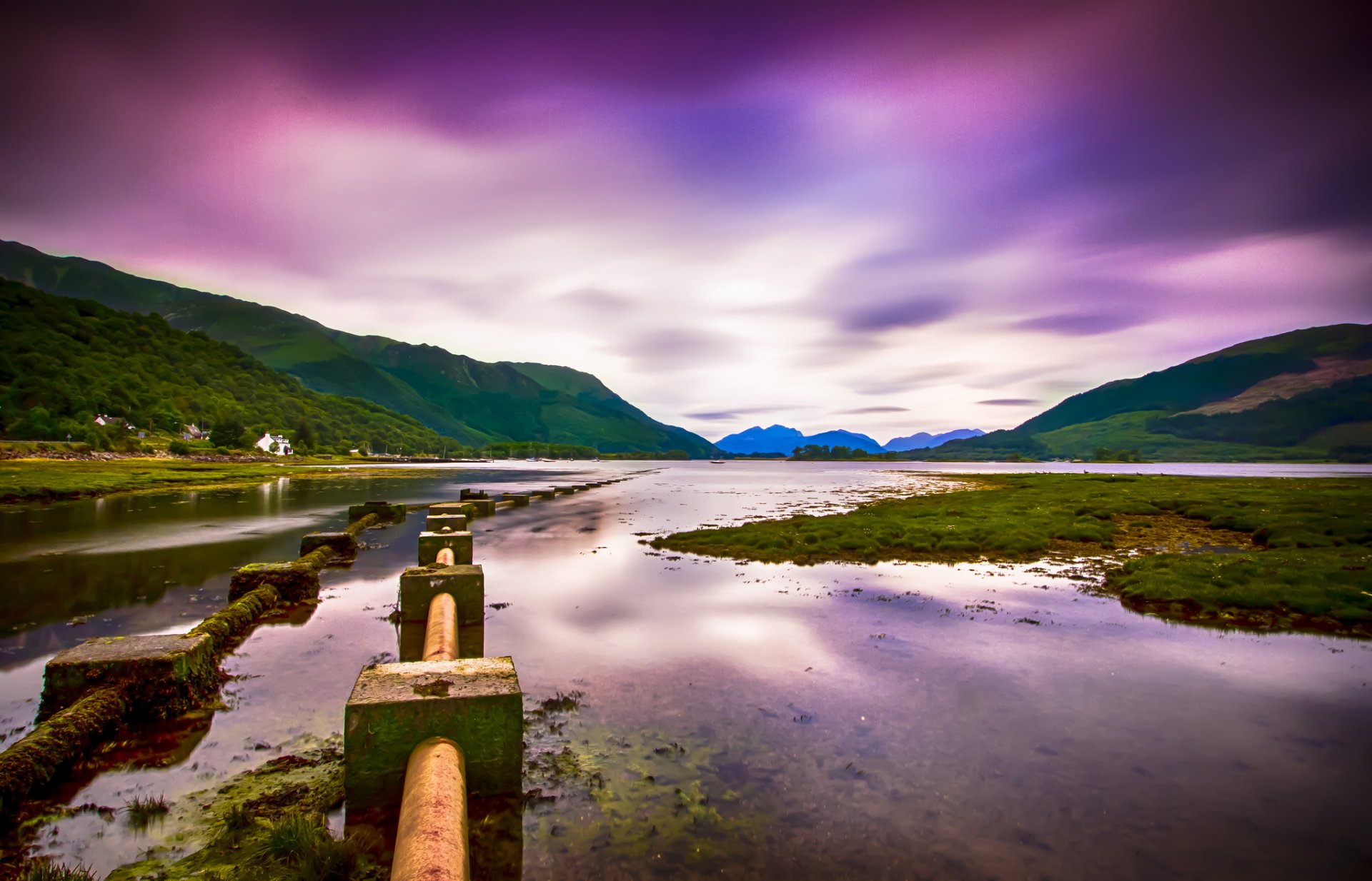 united kingdom scotland valley hills forest river purple sky