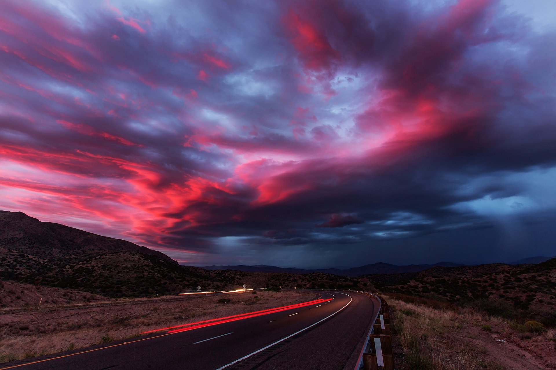 united states state arizona second mesa track road night machinery light extract sky clouds sunset summer desert