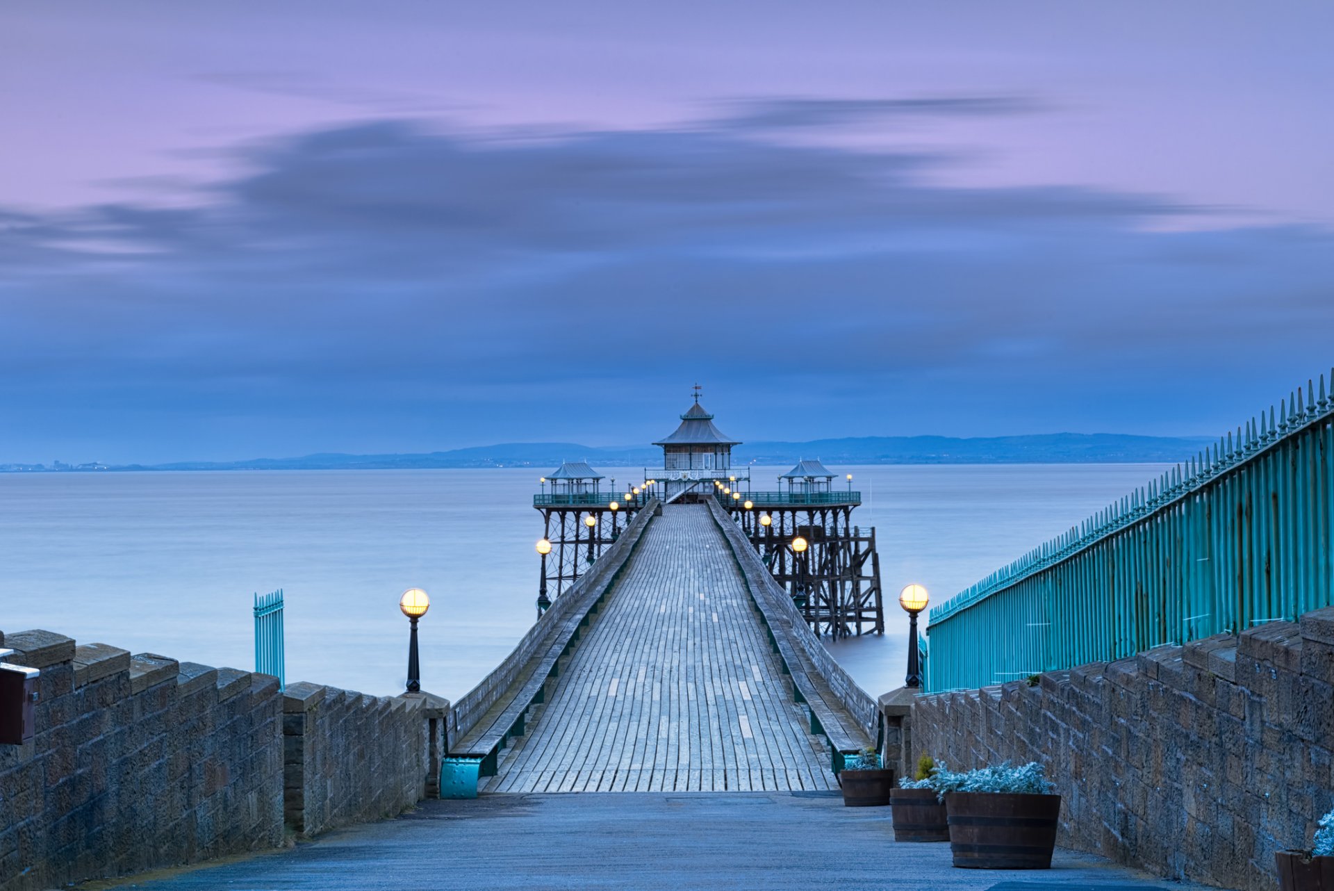 united kingdom england somerset county gulf pier lamps night lilac sky cloud