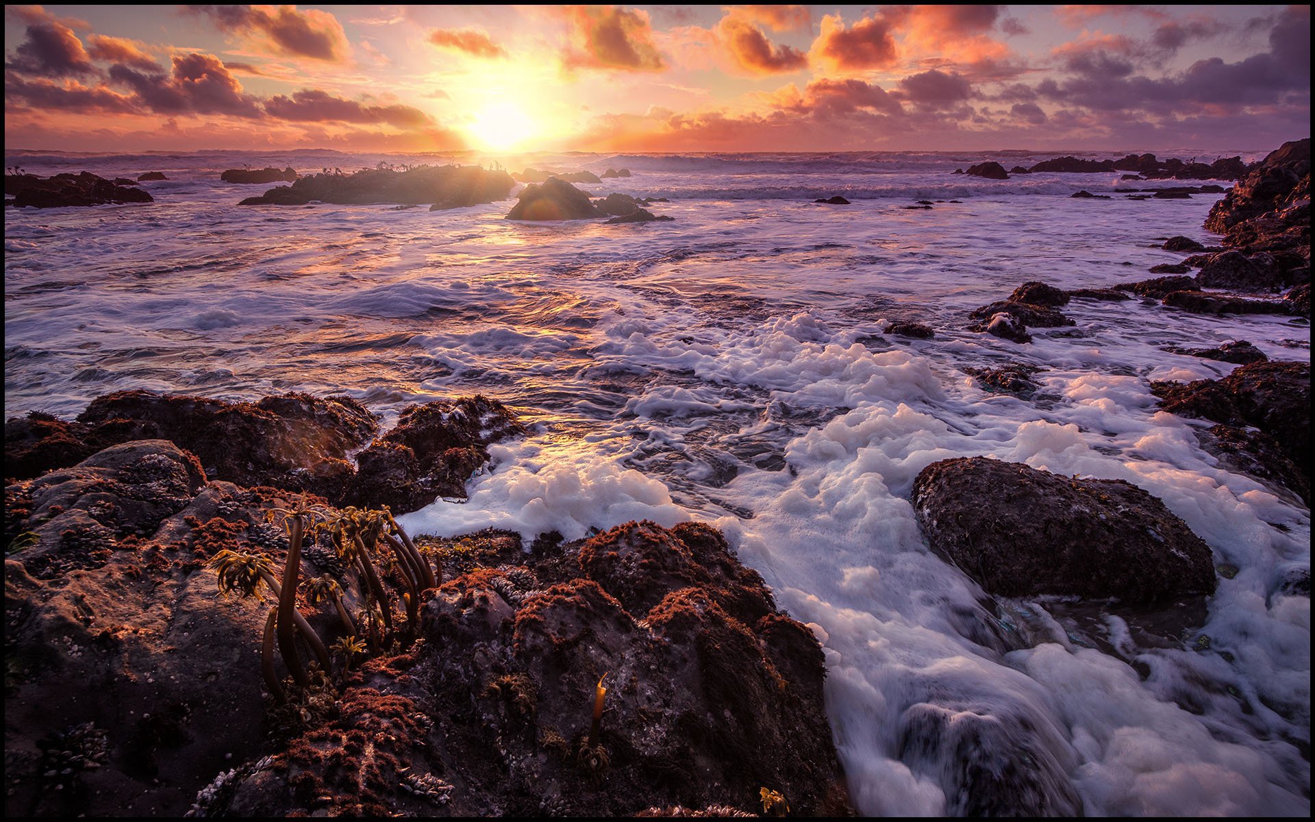mer côte pierres vagues mousse soleil nuages coucher de soleil