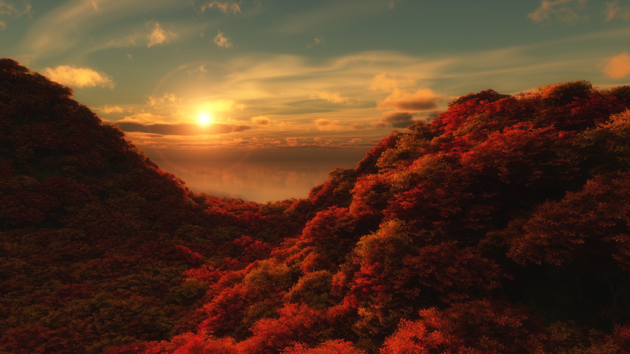 landschaft herbst berge hügel hang schlucht tal baumkronen purpurrot punz wald meer wasser reflexion ruhe und oberfläche horizont sonne halo halo himmelblaue gefiederte geschichtete cumulus-wolken