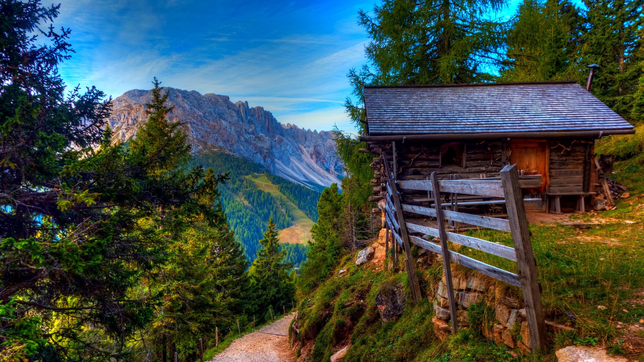 nature mountains sky clouds rocks forest trees colorful road spring colors walk grass house spring stone