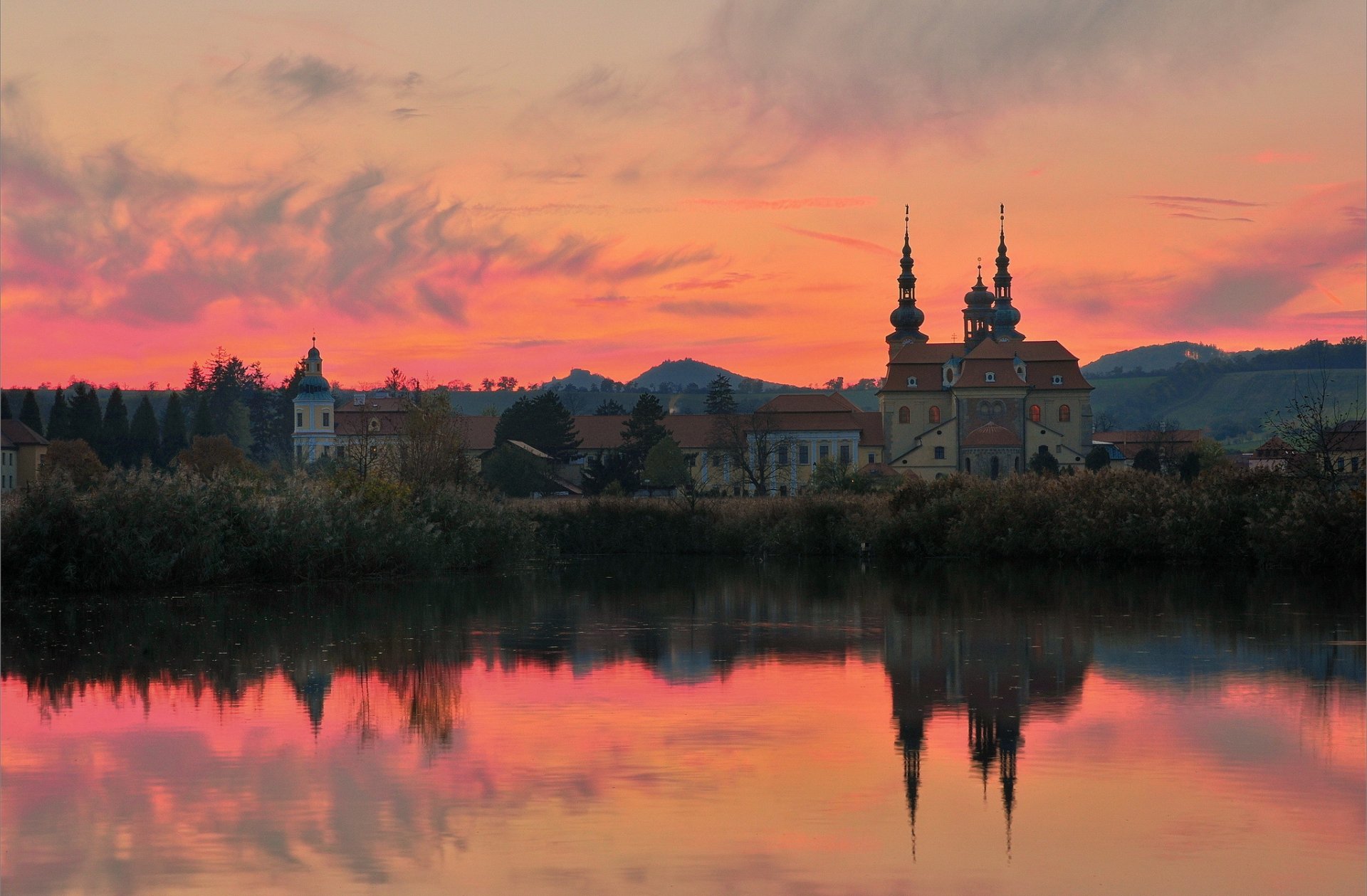 velehrad basilica of virgin mary’s ascension czech republic hills temple basil lake sunset