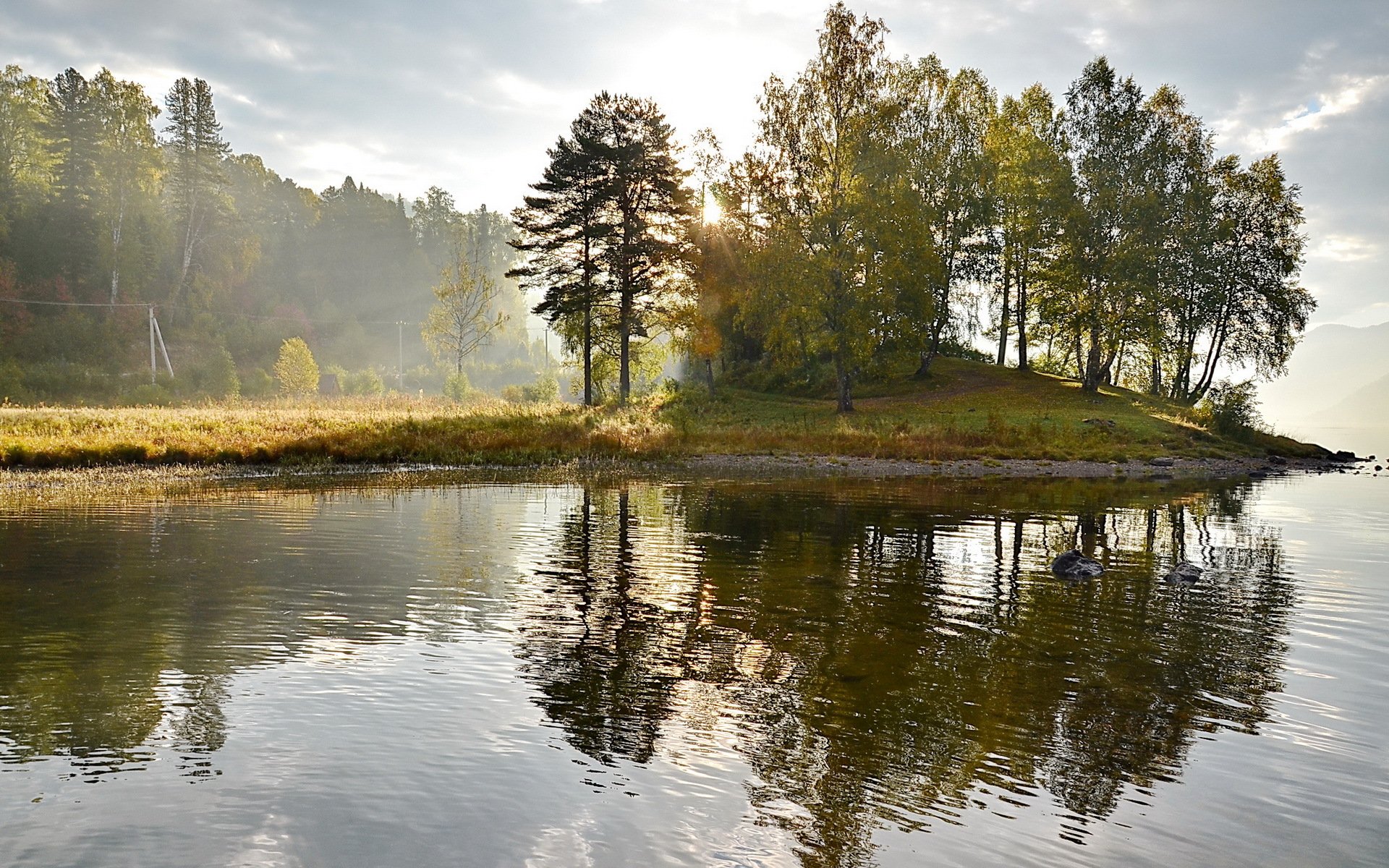 lake island fog morning landscape