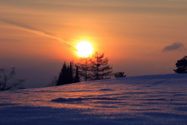 View of the winter sunset in the mountains