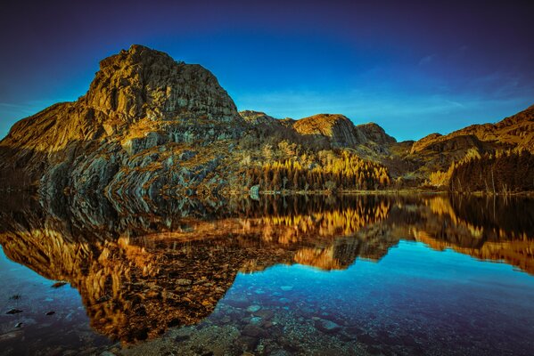 Reflejo de las montañas en la superficie acuosa del lago