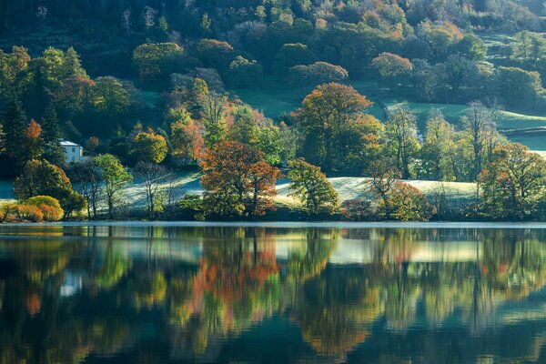 Herbstlandschaft von England Bäume in der Reflexion des Sees