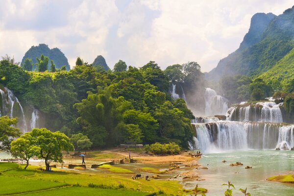 Landscape. Relief ridge of waterfalls