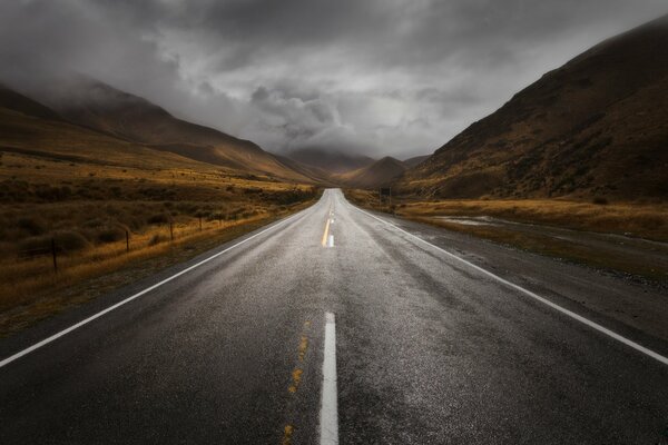 Camino mojado a lo largo de los campos