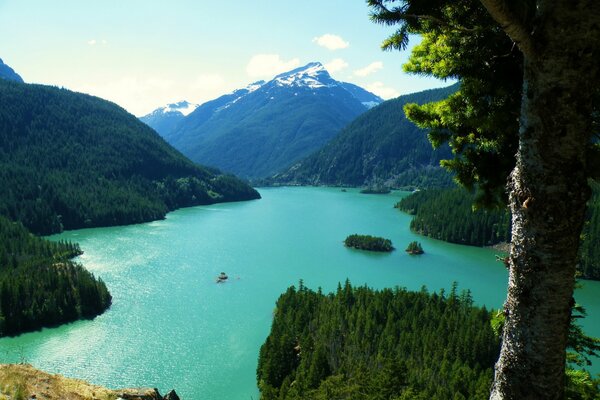 Lake in the mountains. the view from afar. landscape